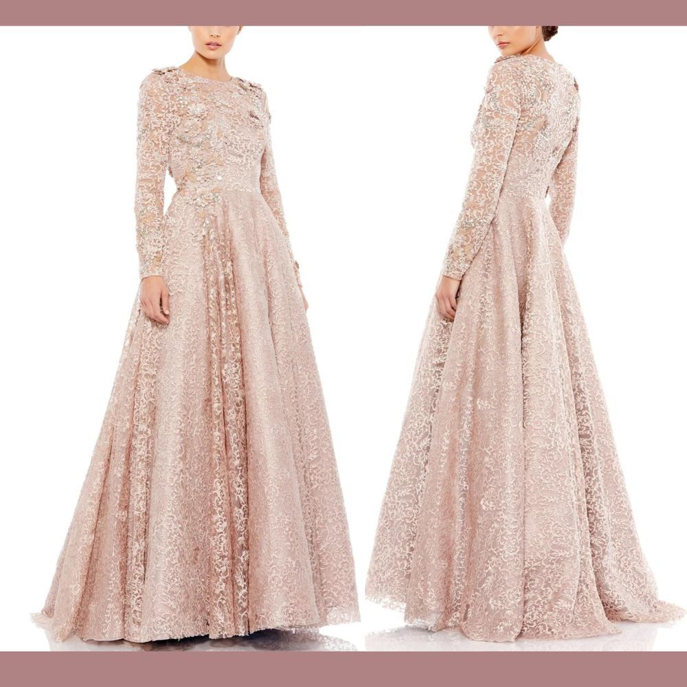 NEW Mac Duggal [ 8 ] 11121 Embellished Illusion‎ Long Sleeve A Line Gown Mocha